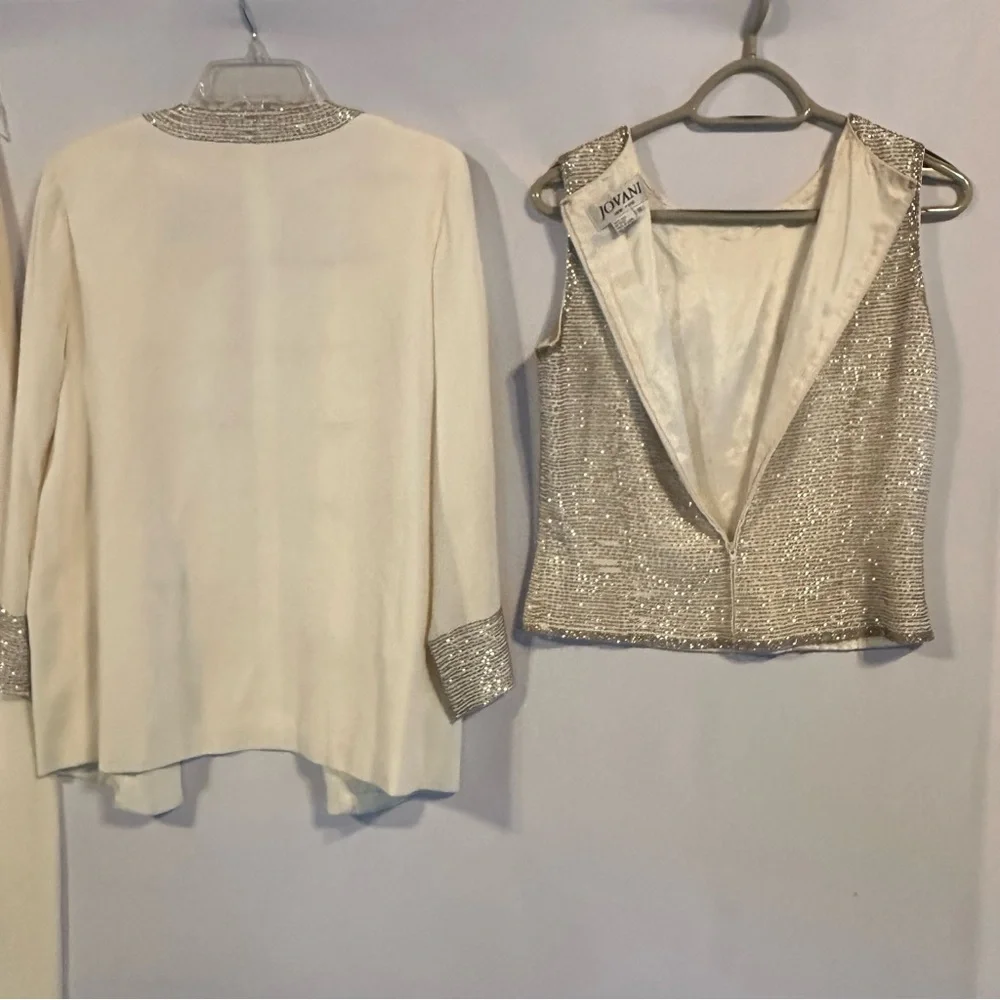 Jovani 100% Silk Beaded 3-Piece Evening Skirt Suit Light Cream Size 8